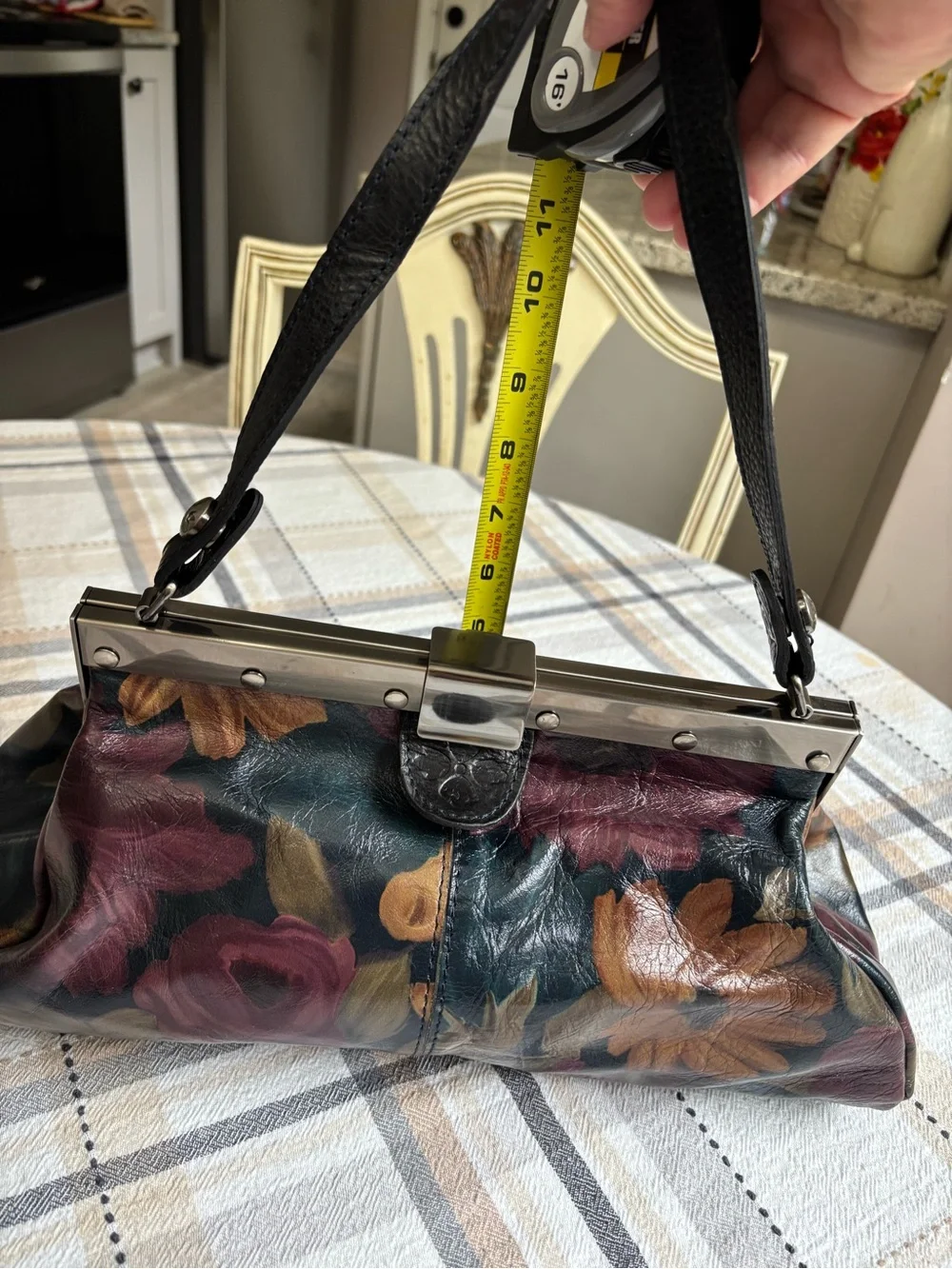 Patricia Nash Ferrara satchel purse. Dark multicolored floral leather print